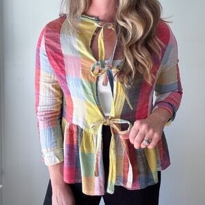 Colorful Plaid Women's Tie Front Top